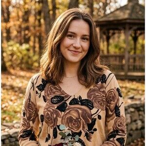 Victoria Jones NWT Floral Beaded V-Neck Sweater Tan Brown Rose, Vintage Med